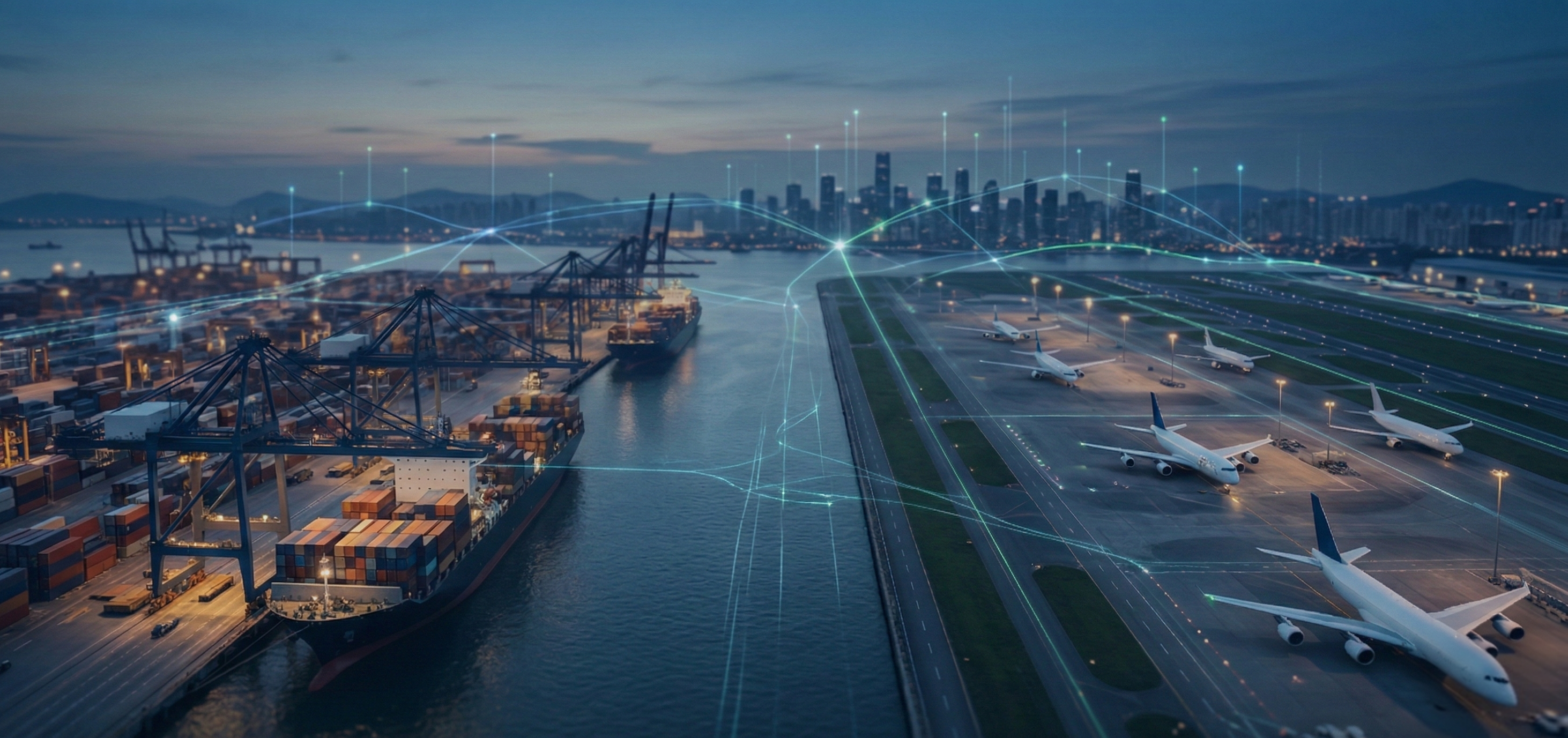 Container ship and cargo plane at an international port during golden hour